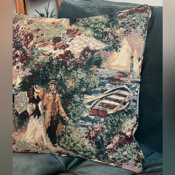 Vintage Tapestry Accent Throw Pillow Victorian Sail Boats Nautical - Picture 3 of 10